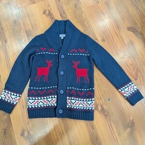 Sears Vintage Kids Navy Shawl Collar Cardigan with Red Reindeer